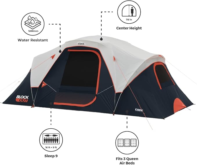 CORE Blackout 9 Person Dome Tent with Footprint and Tent Kit