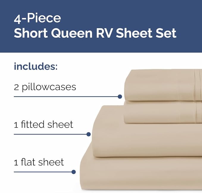 Short Queen Size 4 Piece Sheet Set - RV Short Queen, Soft, Breathable & Cooling Bed Sheets Set with Deep Pockets - Hotel Luxury Bedding for Women, Men, Kids, Teens, Boys and Girls - Oeko-Tex - Cream