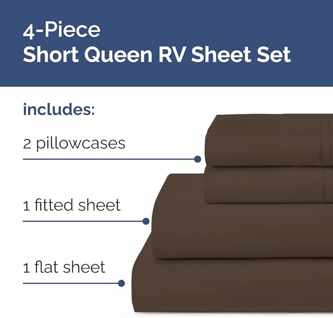 Short Queen Size 4 Piece Sheet Set - RV Short Queen, Soft, Breathable & Cooling Bed Sheets Set with Deep Pockets - Hotel Luxury Bedding for Women, Men, Kids, Teens, Boys and Girls - Oeko-Tex - Brown