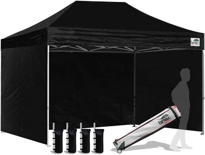 Eurmax USA 8'x12' Pop-up Canopy Tent Commercial Instant Canopies with 4 Removable Zipper End Side Walls and Roller Bag, Bonus 4 SandBags(Black)