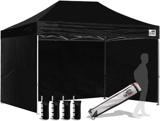 Eurmax USA 8'x12' Pop-up Canopy Tent Commercial Instant Canopies with 4 Removable Zipper End Side Walls and Roller Bag, Bonus 4 SandBags(Black)