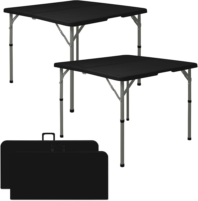 Set of 2 Square Folding Table 34in Multi-Functional Portable Folding Card Table with Carrying Handle for Indoor Outdoor Camping,Picnic, Office, Party Use HDPE Plastic Tabletop with Metal Frame(Black)