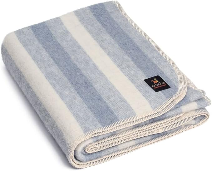 Thick Alpaca Wool Blanket Heavyweight Camping Outdoors Indoors Soft Peru Twin Size Stripes Design (Sky Blue/Ivory, Twin Size)
