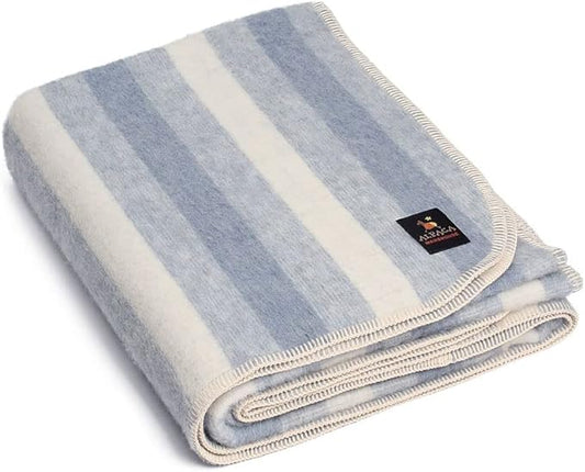 Thick Alpaca Wool Blanket Heavyweight Camping Outdoors Indoors Soft Peru Twin Size Stripes Design (Sky Blue/Ivory, Twin Size)