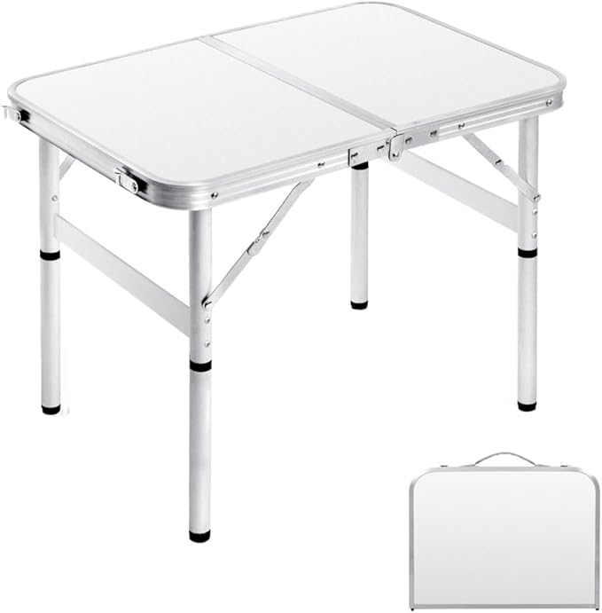 Small Folding Table 2FT Foldable Camping Table Portable Picnic Table Aluminum 2 Height Adjustable Outdoor Beach Card White 23.6×15.7 inch