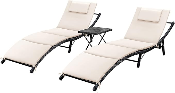 GUNJI Lounge Chairs for Outside 3 Pieces Patio Adjustable Chaise Lounge Outdoor Wicker Lounge Chairs Set of 2 with Table Folding Chaise Lounger for Poolside, Deck, Lawn (Beige)