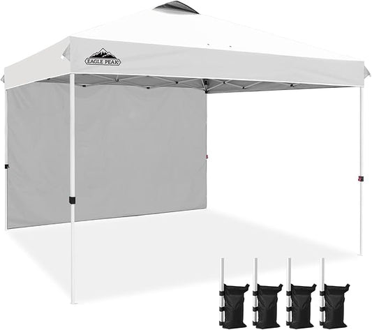 EAGLE PEAK Pop Up Canopy Tent with 1 Sidewall, Easy Setup Event Tent, Outdoor Sun Shade, Wheeled Carry Bag, Stakes and Guy Ropes, Instant Canopy 12x12, White