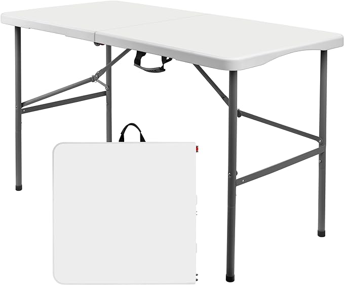 4 ft Plastic Folding Table with Carrying Handle, Straight Legs for Camping, Wedding, Kitchen, Beach - White