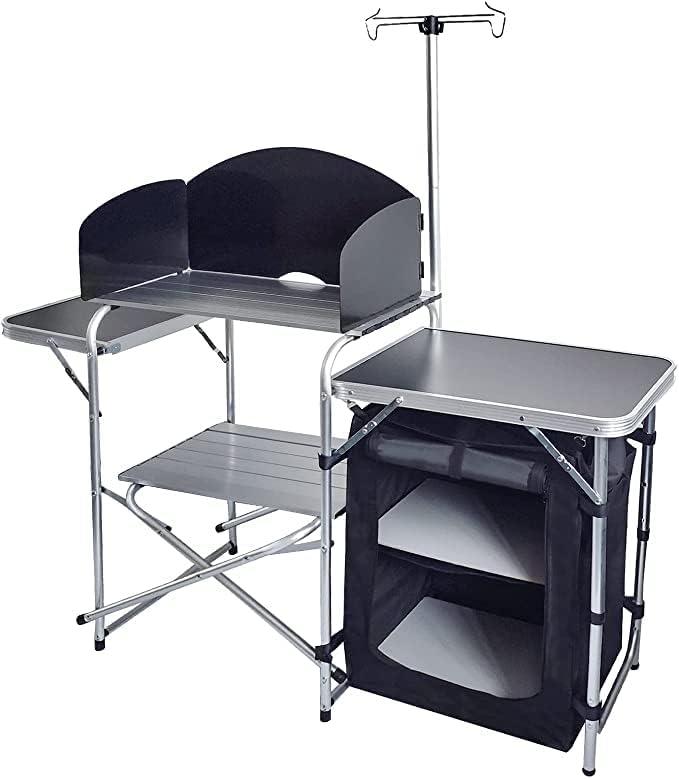 Folding Cooking Table Outdoor Portable Cook Station Aluminum Camping Kitchen with Storage Organizer, Windscreen, Hooks for BBQ, Party (Black)