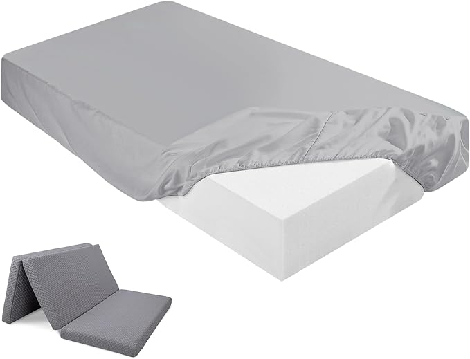 Breling Fitted Sheet (Sheet Only) Compatible with Milliard Trifold Mattress Folding Mattress Fitted Microfiber Bedsheet for Camp Bunk Rvs Bed(Twin,4'',Light Gray)