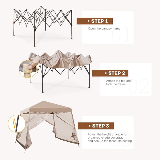 COOS BAY 10x10 Pop Up Canopy Tent with Screen Netting, Slant Leg Canopy with UPF 50+ UV Protection, 64 Sq Ft Shade, One Person Setup with Carry Bag, Beige