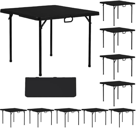 BTEXPERT 34" Folding Table, Portable Square Card Table Collapsible Legs Carrying Handle, Plastic Tables for Indoor Outdoor Home Camping Picnic, Party Board Games Nights Gatherings Black Set of 10