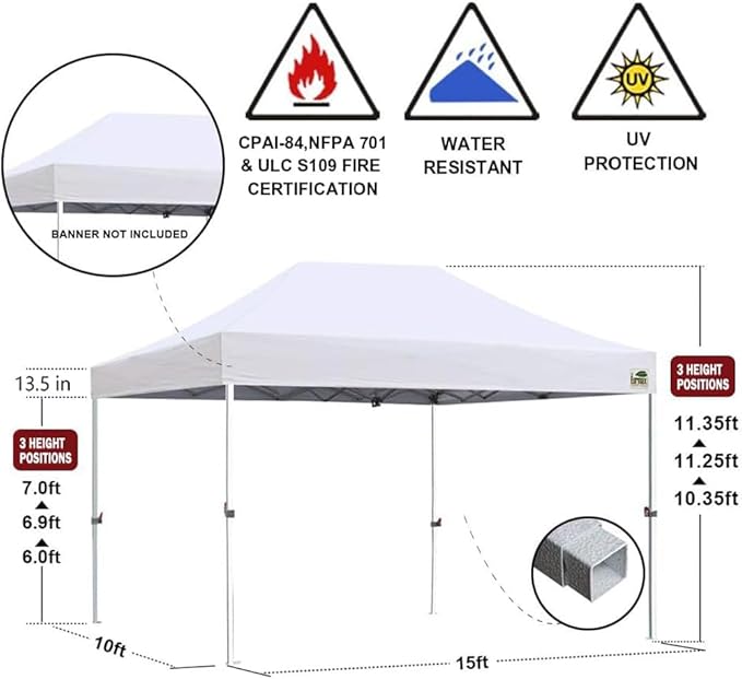 Eurmax USA Standard 10'x15' Patio Pop Up Canopy Tent Commercial Instant Canopies with Heavy Duty Roller Bag,Bonus 4 Sand Weights Bags (Light Grey)