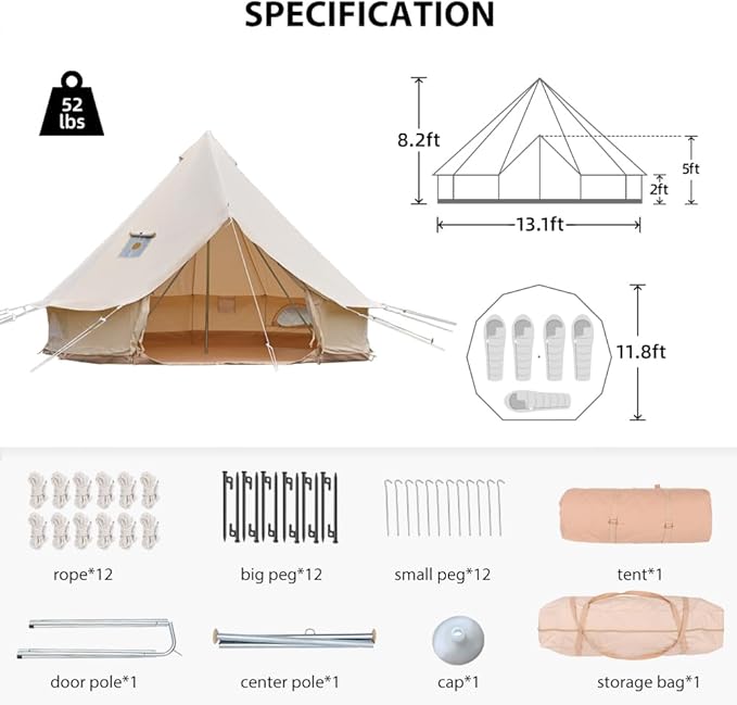 Bell Tent for Camping - Breathable Polycotton Canvas Yurt with Stove Jack, 4-Season Glamping Tent for 2-8 Person, Sturdy Shelter Family Camping & Backyard (10ft/13.1ft/16.4ft)