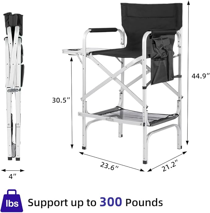 Professional Tall Makeup Chair with Folding Side Table & Storage, Portable and Sturdy Directors Chair for Makeup Artists & Beauty Enthusiasts