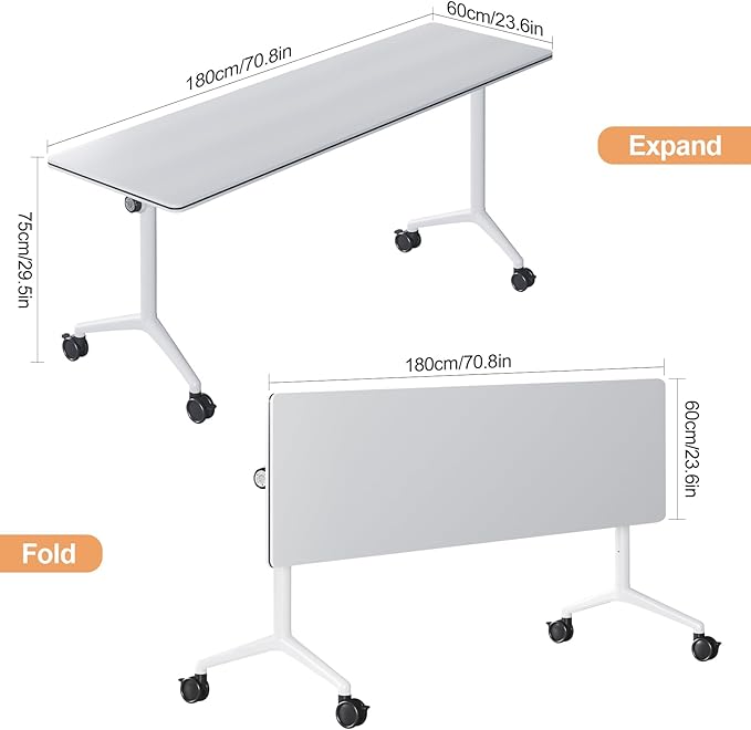 2Packs 70.8 Inch Folding Conference Table 5.91 FT Space-Saving Training Classroom Table,Heavy-Duty Meeting Table for Office Events,Easy Storage Design, Rectangular Table with Durable Legs White