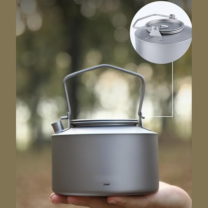 Ultralight Titanium Tea Kettle 980ml Collapsible Handle Camping Coffee Pot Compact Hiking Teapot For Outdoor Cooking Backpacking Travel Fast Boiling Rustproof(Frosted style)
