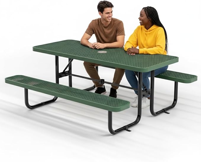 Metal Picnic Furniture for Outdoors with Umbrella Hole - Coated Steel Heavy Duty Commercial Grade Table with Adjustable Seats, Patio Set for a Lifetime (Green, 6' Rectangular)
