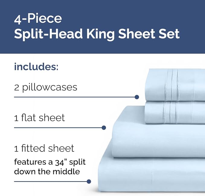 Flex Top Split Head King 4 Piece Sheet Set - Comfy Breathable & Cooling Bed Sheets Set - Hotel Luxury Bedding for Women, Men, Kids, Teens, Boys & Girls - Deep Pockets, Ultra-Soft - Oeko-Tex - Sky Blue