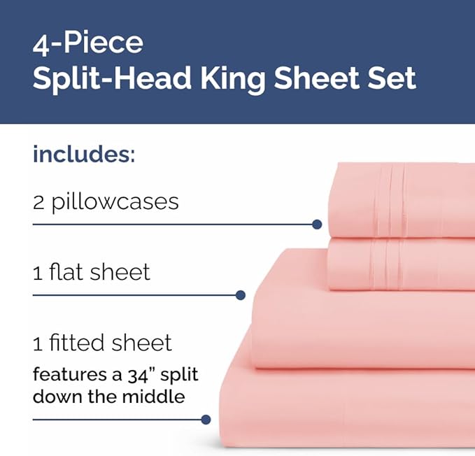 Flex Top Split Head King 4 Piece Sheet Set - Comfy Breathable & Cooling Bed Sheets Set - Hotel Luxury Bedding for Women, Men, Kids, Teens, Boys & Girls - Deep Pockets, Soft and Oeko-Tex - Baby Pink