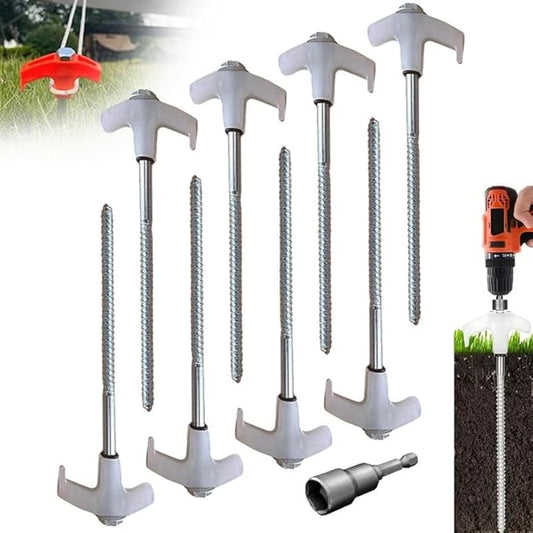 8" Screw in Tent Stakes - Ground Anchors Screw in, 2024 Upgraded Drillable Tent Stakes, Heavy Duty Metal Stake Ground Anchor Peg Threaded Tent Spikes with 1 Hex Head Driver