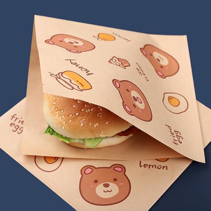 Paper Hamburger Bags 7 X 7 "50 Pieces, Food-Grade Oil-Proof Triangular Snack And Pastry Bags, Recyclable Packaging, Doughnut Sandwich Bread Food Packaging (Honey Bear)