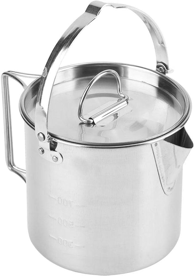 Pasamer 1.2L Camping Tea Kettle, Outdoors Camping Pot Portable Folding Hiking Pot Stainless Steel Kettle Cookware Coffee Tea Picnic Camping Pot with Lids for Hiking Backpacking Picnic, Silver