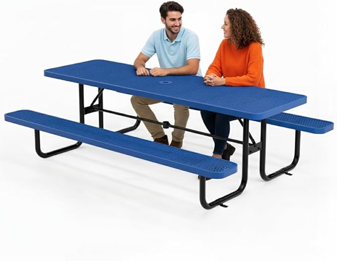 Metal Picnic Furniture for Outdoors with Umbrella Hole - Coated Steel Heavy Duty Commercial Grade Table with Adjustable Seats, Patio Set for a Lifetime (Blue, 8' Rectangular)