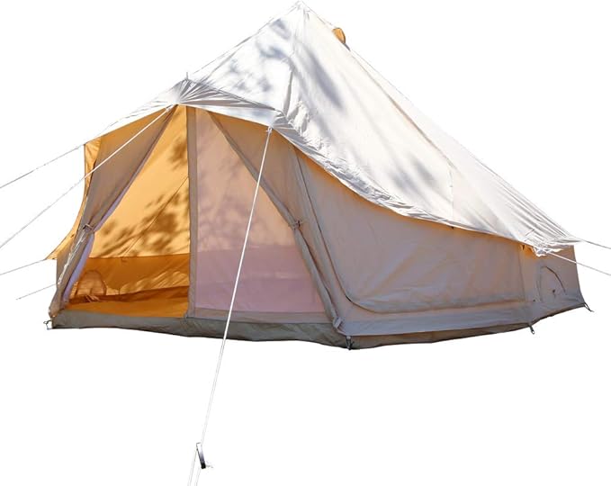 UNISTRENGH Luxury Outdoor Waterproof Four Season Family Camping and Winter Glamping Cotton Canvas Yurt Bell Tent with Roof Stove Jacket, Mosquito Screen Door and Windows