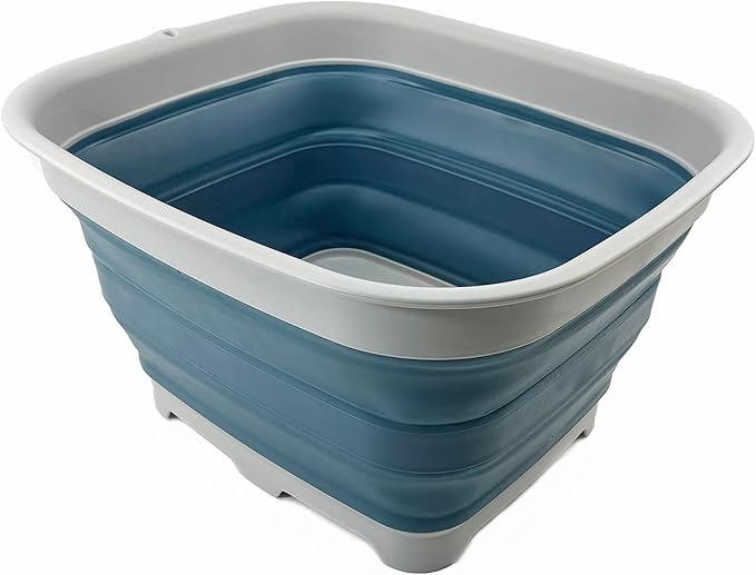 SAMMART 15L (3.9 Gallon) Collapsible Dishpan with Draining Plug - Foldable Washing Basin - Portable Dish Washing Tub - Camping & Space Saving Kitchen Storage Tray (Grey/Steel Blue)