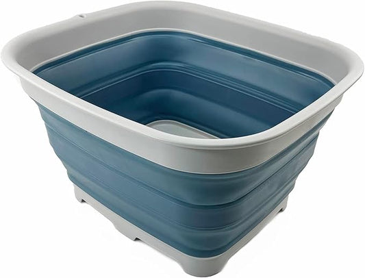 SAMMART 15L (3.9 Gallon) Collapsible Dishpan with Draining Plug - Foldable Washing Basin - Portable Dish Washing Tub - Camping & Space Saving Kitchen Storage Tray (Grey/Steel Blue)
