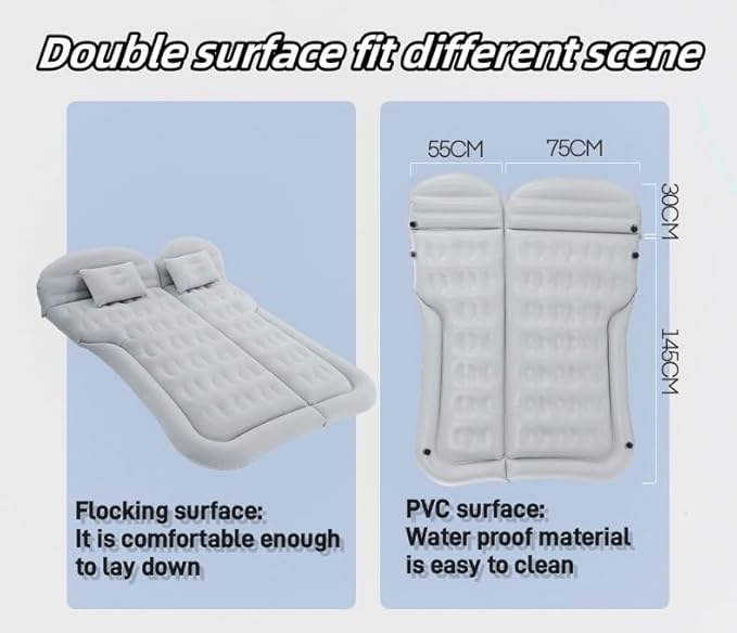 SUV Air Mattress Camping Bed Car Inflatable Mattress for Truck Backseat - Foldable Air Mattress with Flocking Surface and Pillows Portable Air Bed for Home Tent Camping Travel - Grey