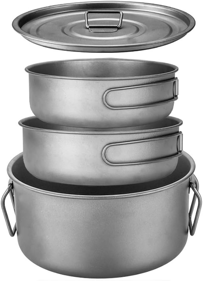 BY-J 3 Piece-Set, Outdoor Titanium Frying Pan & Pot with Lid Folding Handle Camping Hanging Cookware Hiking Picnic Ultralight Bowl Tableware
