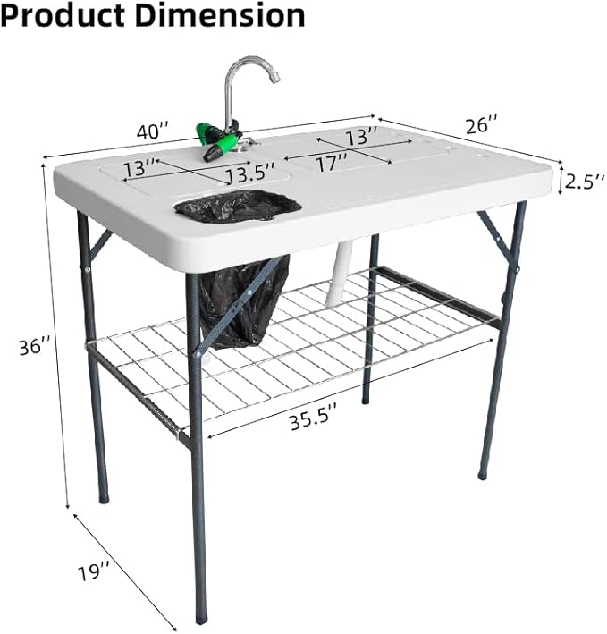 THUNDERBAY Portable Folding Fish Game Cleaning Camp Table Heavy Duty 40''Fillet Table with Double Sink and Faucet