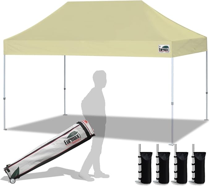 Eurmax USA 10'x15' Pop Up Canopy Tent Commercial Instant Canopies with Heavy Duty Roller Bag,Bonus 4 Sand Weights Bags (Beige)