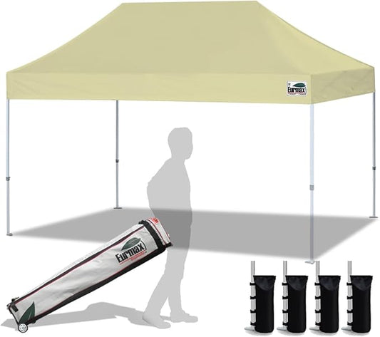 Eurmax USA 10'x15' Pop Up Canopy Tent Commercial Instant Canopies with Heavy Duty Roller Bag,Bonus 4 Sand Weights Bags (Beige)