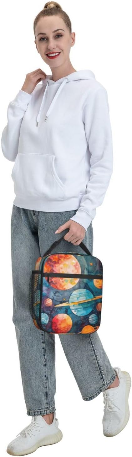 Colorful Galaxy Insulated Lunch Box for Women Men Cartoon Planet and Star Lunch Bag for Work,Picnic,Travel,Hiking,Beach or Fishing Polyester Astronomy Enthusiasts Lunch Box