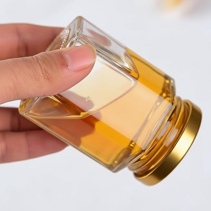 Adabocute Honey Pot, Glass Honey Jars with Wood Dipper, Gold Lid, Bee Charms, Gold Organza Bags, Thank-you Tags, Ideal for Bee Party Favors, 4oz/120ml 12 Pack