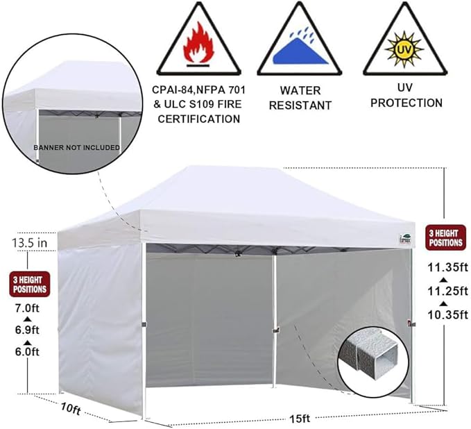 Eurmax USA 10'x15' Pop-up Canopy Tent Commercial Instant Canopies with 4 Removable Zipper End Side Walls and Roller Bag, Bonus 4 SandBags(Black)