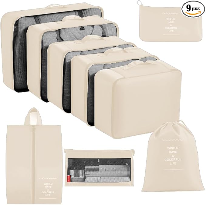 9 set Packing Cubes for Travel,Effortless Organization Cube for Quick Packing& Unpacking, Travel Must Have Suitcase Organizer Essentials for any Journey,Cruise,Camping,hiking,Vacation,Business trip