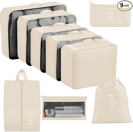 9 set Packing Cubes for Travel,Effortless Organization Cube for Quick Packing& Unpacking, Travel Must Have Suitcase Organizer Essentials for any Journey,Cruise,Camping,hiking,Vacation,Business trip