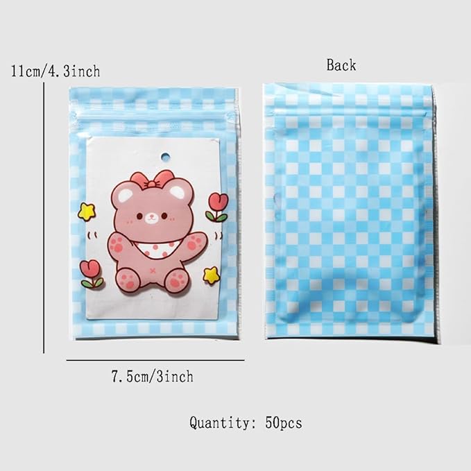 50 Pieces 7.5x11cm Small Cartoon Resealable Bags Cute PP Bag For Jewelry Packaging Bags Premium Adorable Anime Gift Bag (Blue bear)