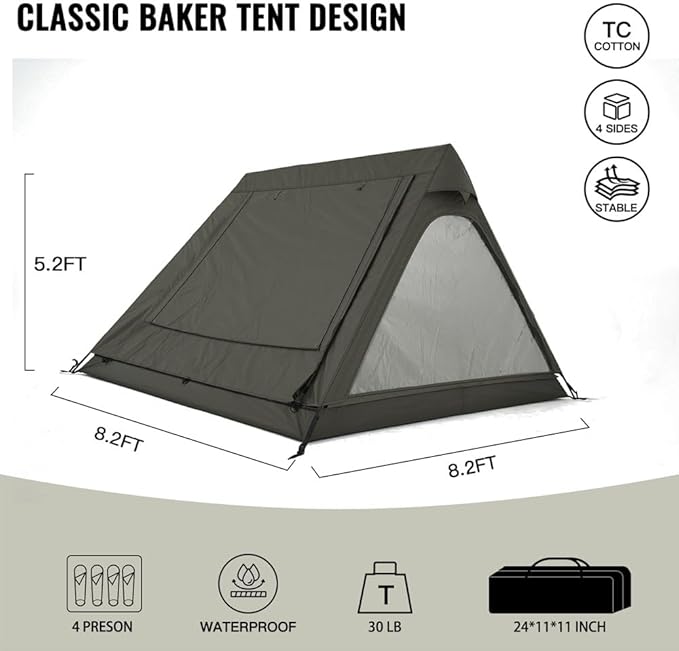 4 Person Canvas Tent with Full Rainfly&Footprint, Easy Set Up Breathable 4 Season FamilyTent for Winter Outdoor Glamping Car Camping