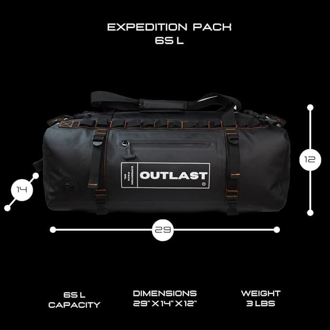 Waterproof Duffel Bag Backpack 65L Scuba Zip Enclosure Dry Bag Fishing, Overland Backpack, Hiking,Camping Adventure Ready (Black)
