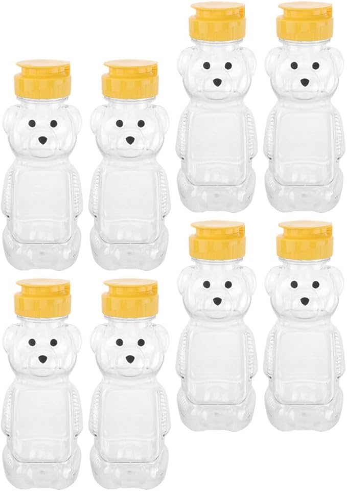 Uonlytech Bear Shaped Juice Bottles Small Plastic Beverage Containers with Caps 8pcs Refillable Honey Bear Bottles for Kitchen Storage and Juice Dispensing