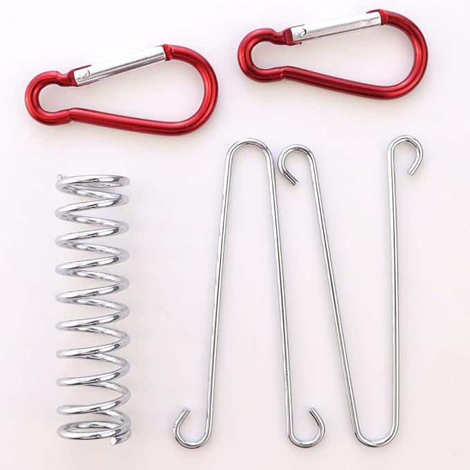 NODG 5 Sets Camping Tent Spring Buckle Set Tent Spring Porch Swing Spring Buckle with Carabiners Heavy Duty Wire Racks Accessories Awning Rope Tensioner for Securing Tarps Tents Sunshade