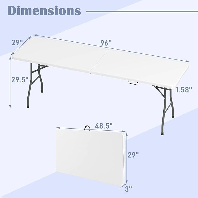 Tangkula 8 FT Folding Table, Indoor Outdoor Foldable Plastic Table with HDPE Tabletop, Sturdy Metal Fame, Carrying Handle, Heavy Duty Portable Fold-in-Half Picnic Table for Camping BBQ Party