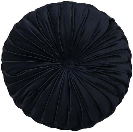 Round Throw Pillow Velvet Home Decoration Pleated Round Pillow Cushion for Couch Chair Bed Car Black
