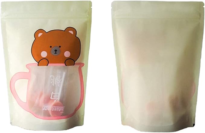 100 Pieces Resealable Cartoon Stand Up Plastic Smell Proof Zip Lock Packaging Bags for Food Storage Package Pouches (Yellow Bear,6.3x9.1 Inch)