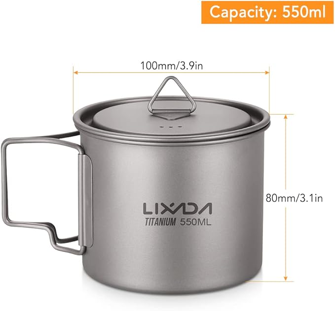Lixada Titanium Pot, Lightweight Camping Pot Titanium Cup Titanium Backpacking Pot with Portable Foldable Handles for Outdoor Camping Hiking Backpacking